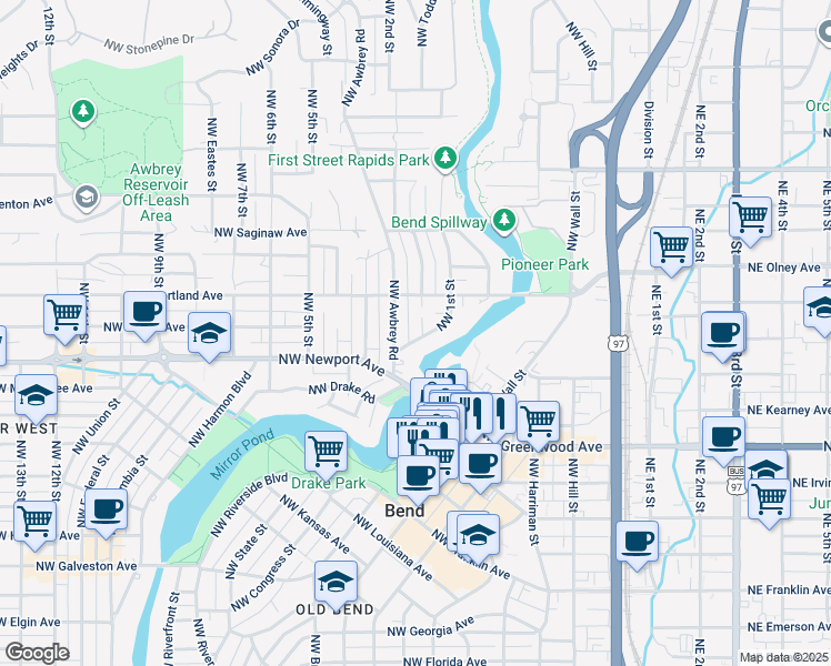 map of restaurants, bars, coffee shops, grocery stores, and more near 1404 Northwest 1st Street in Bend