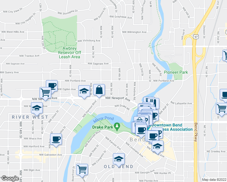 map of restaurants, bars, coffee shops, grocery stores, and more near 426 Northwest Newport Avenue in Bend