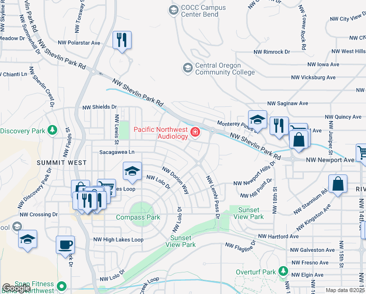 map of restaurants, bars, coffee shops, grocery stores, and more near 2263 Northwest Lemhi Pass Drive in Bend