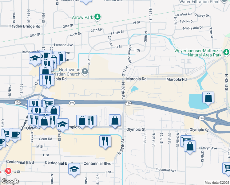 map of restaurants, bars, coffee shops, grocery stores, and more near 2717 Maia Loop in Springfield