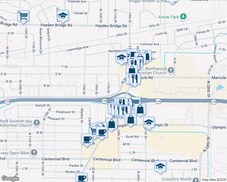 map of restaurants, bars, coffee shops, grocery stores, and more near 1811 17th Street in Springfield