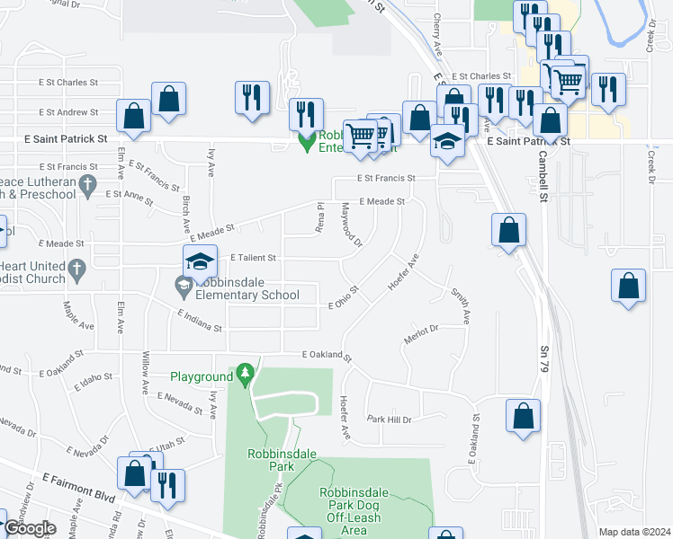 map of restaurants, bars, coffee shops, grocery stores, and more near 2303 Walnut Drive in Rapid City