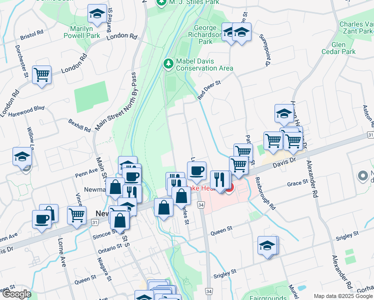 map of restaurants, bars, coffee shops, grocery stores, and more near 50 Lundy's Lane in Newmarket