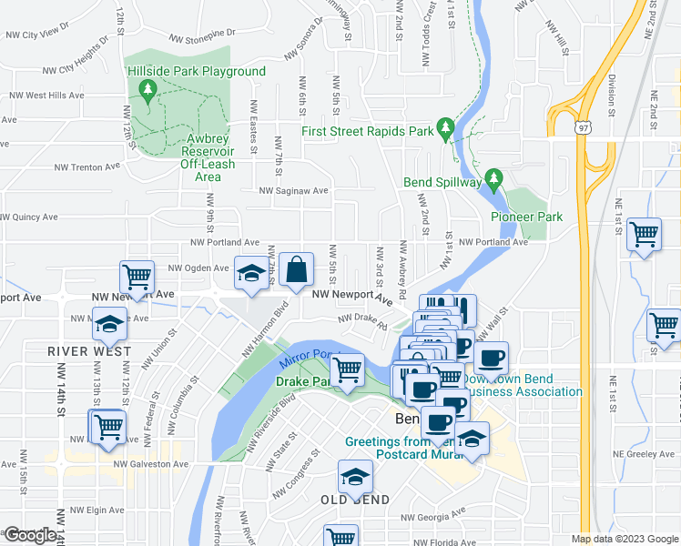 map of restaurants, bars, coffee shops, grocery stores, and more near 1444 Northwest 5th Street in Bend