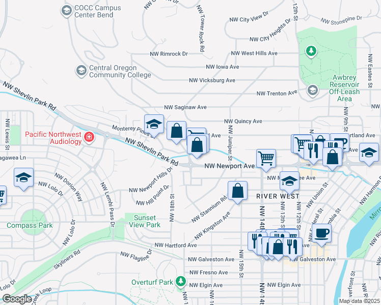 map of restaurants, bars, coffee shops, grocery stores, and more near 1400 Northwest College Way in Bend