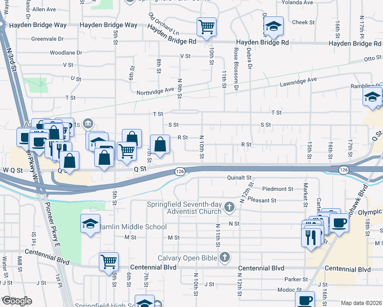 map of restaurants, bars, coffee shops, grocery stores, and more near 957 Fuchsia Street in Springfield