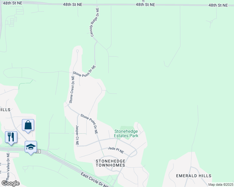 map of restaurants, bars, coffee shops, grocery stores, and more near 4034 Cameo Place Northeast in Rochester