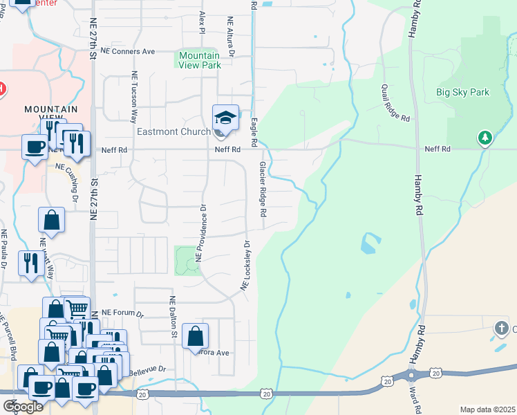 map of restaurants, bars, coffee shops, grocery stores, and more near 1299 Glacier Ridge Road in Bend