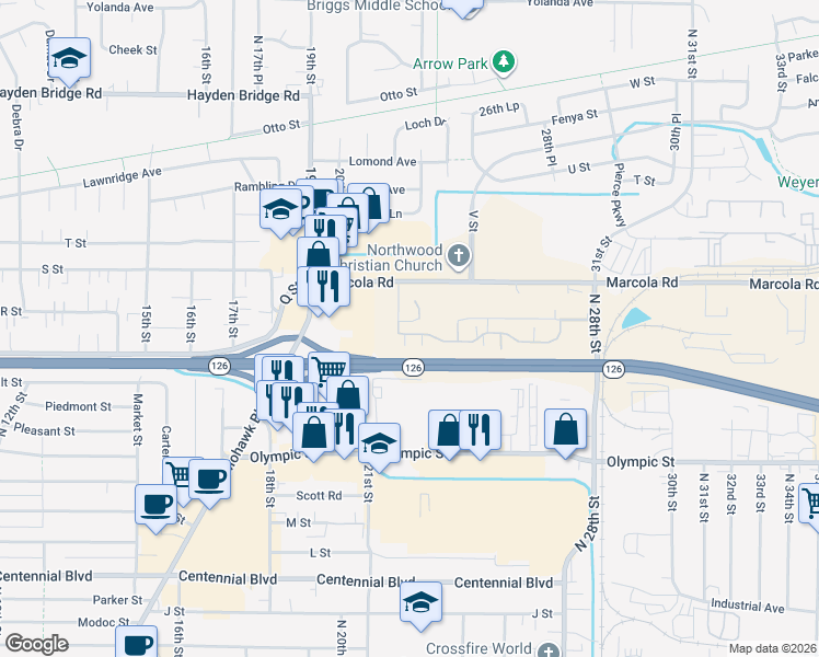 map of restaurants, bars, coffee shops, grocery stores, and more near 2233 Maia Loop in Springfield