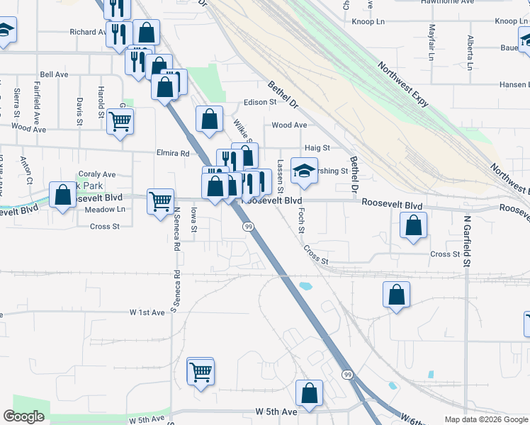 map of restaurants, bars, coffee shops, grocery stores, and more near 2606 Roosevelt Boulevard in Eugene
