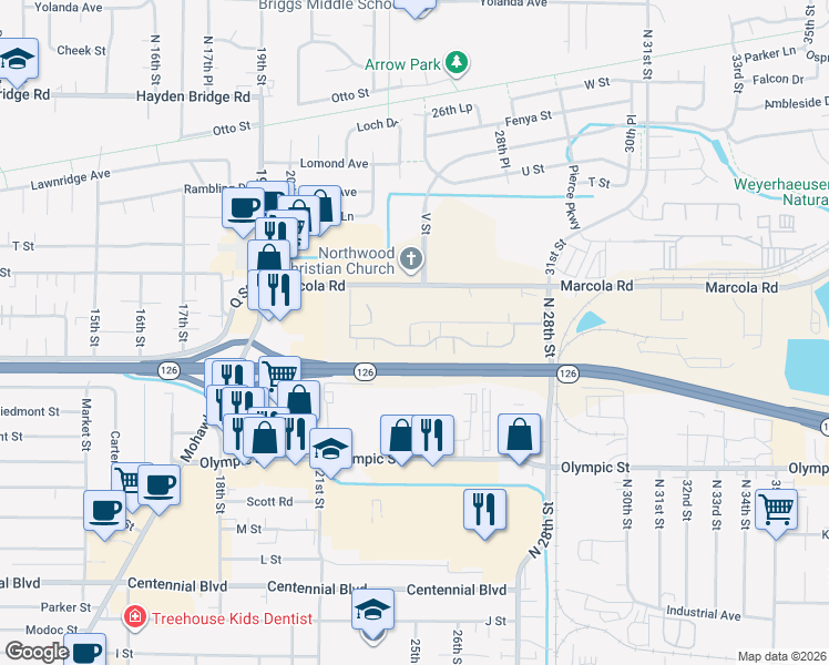 map of restaurants, bars, coffee shops, grocery stores, and more near 2416 Maia Loop in Springfield
