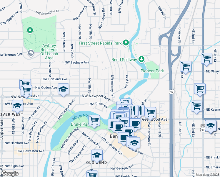 map of restaurants, bars, coffee shops, grocery stores, and more near 1535 Northwest Awbrey Road in Bend