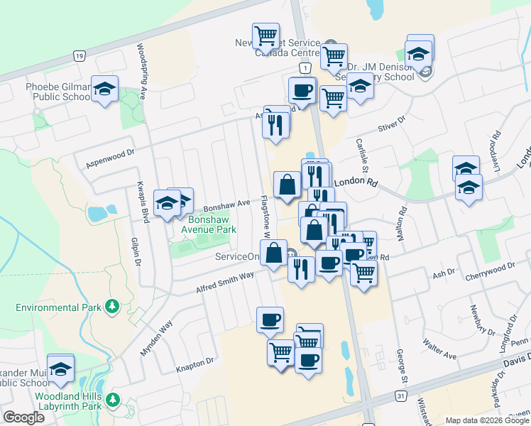 map of restaurants, bars, coffee shops, grocery stores, and more near 274 Flagstone Way in Newmarket