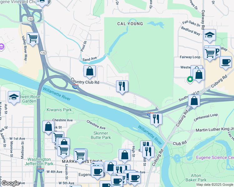 map of restaurants, bars, coffee shops, grocery stores, and more near 400 Country Club Road in Eugene