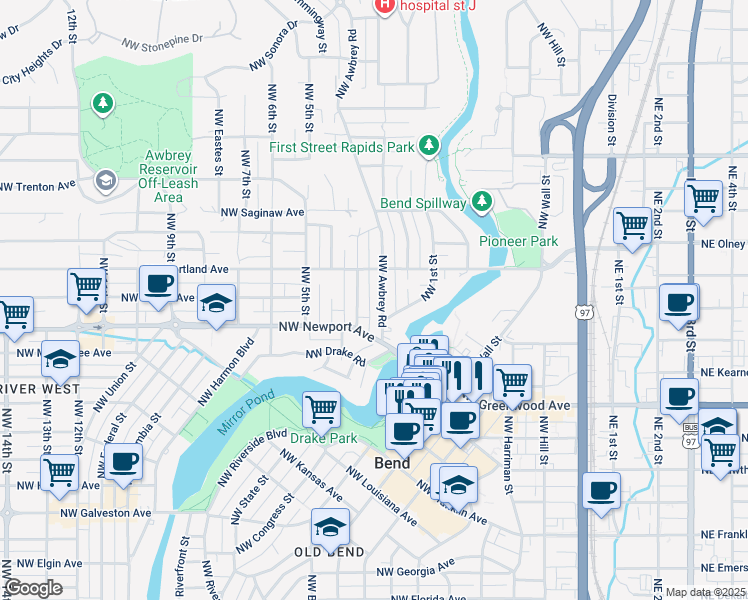 map of restaurants, bars, coffee shops, grocery stores, and more near 1535 Northwest Awbrey Road in Bend