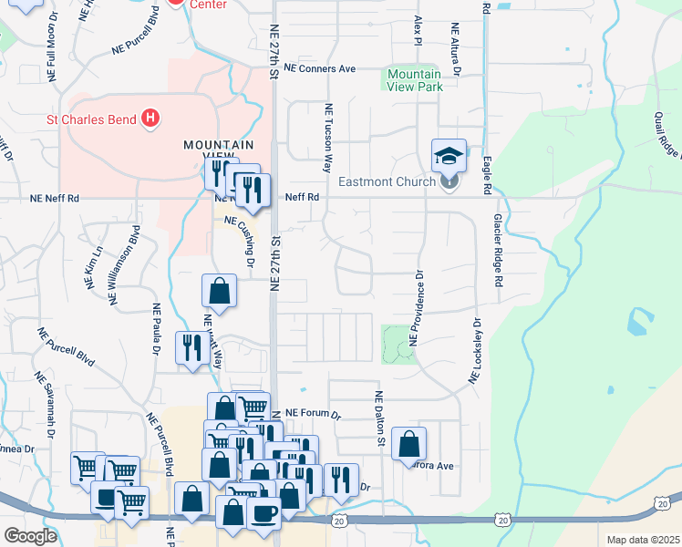 map of restaurants, bars, coffee shops, grocery stores, and more near 1244A Northeast Dawson Drive in Bend