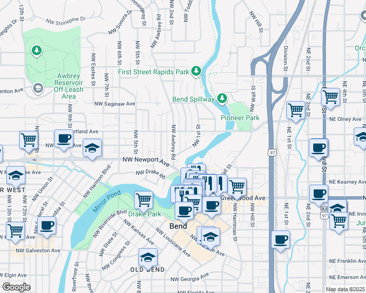 map of restaurants, bars, coffee shops, grocery stores, and more near 1404 Northwest 1st Street in Bend