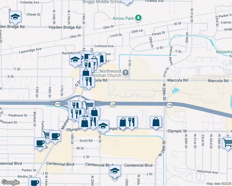 map of restaurants, bars, coffee shops, grocery stores, and more near 2233 Maia Loop in Springfield