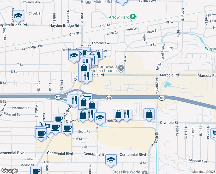 map of restaurants, bars, coffee shops, grocery stores, and more near 2233 Maia Loop in Springfield