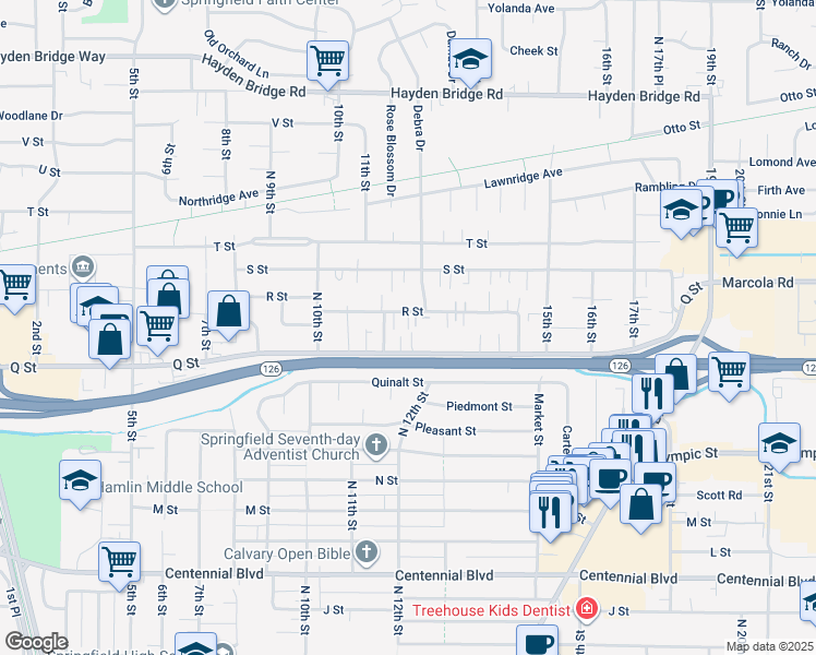 map of restaurants, bars, coffee shops, grocery stores, and more near 1160 Q Street in Springfield