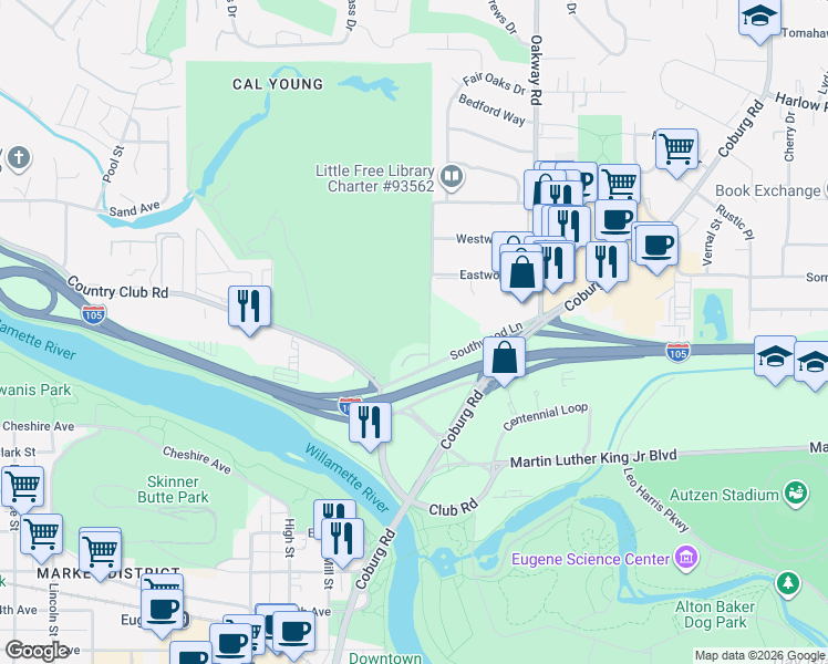 map of restaurants, bars, coffee shops, grocery stores, and more near 62 Fairway Loop in Eugene