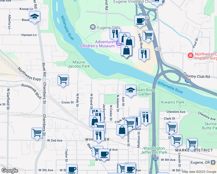map of restaurants, bars, coffee shops, grocery stores, and more near 945 Lewis Avenue in Eugene