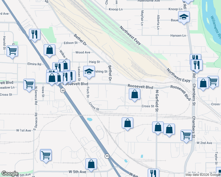map of restaurants, bars, coffee shops, grocery stores, and more near 2290 Roosevelt Boulevard in Eugene