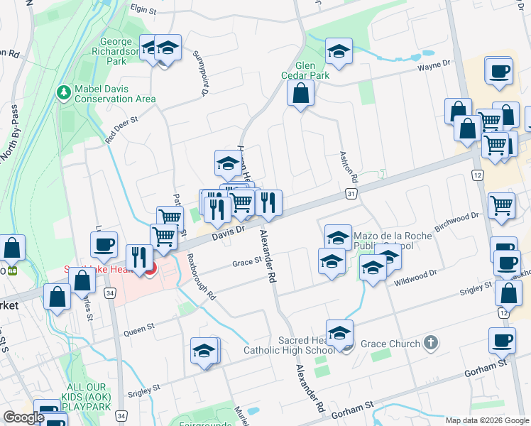 map of restaurants, bars, coffee shops, grocery stores, and more near in Newmarket