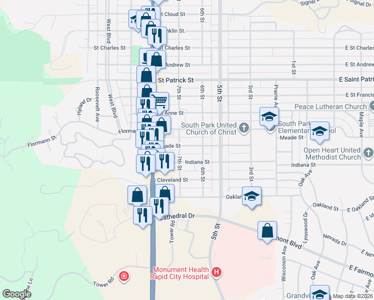 map of restaurants, bars, coffee shops, grocery stores, and more near 632 Indiana Street in Rapid City