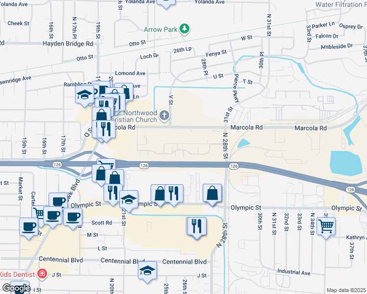 map of restaurants, bars, coffee shops, grocery stores, and more near 2534 Maia Loop in Springfield