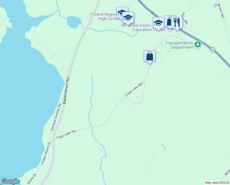 map of restaurants, bars, coffee shops, grocery stores, and more near 161 Tripp Lake Road in Poland