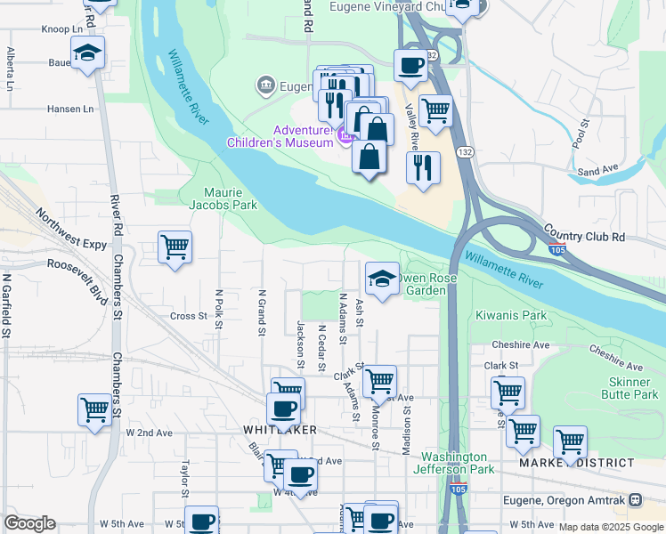 map of restaurants, bars, coffee shops, grocery stores, and more near 301 North Adams Street in Eugene