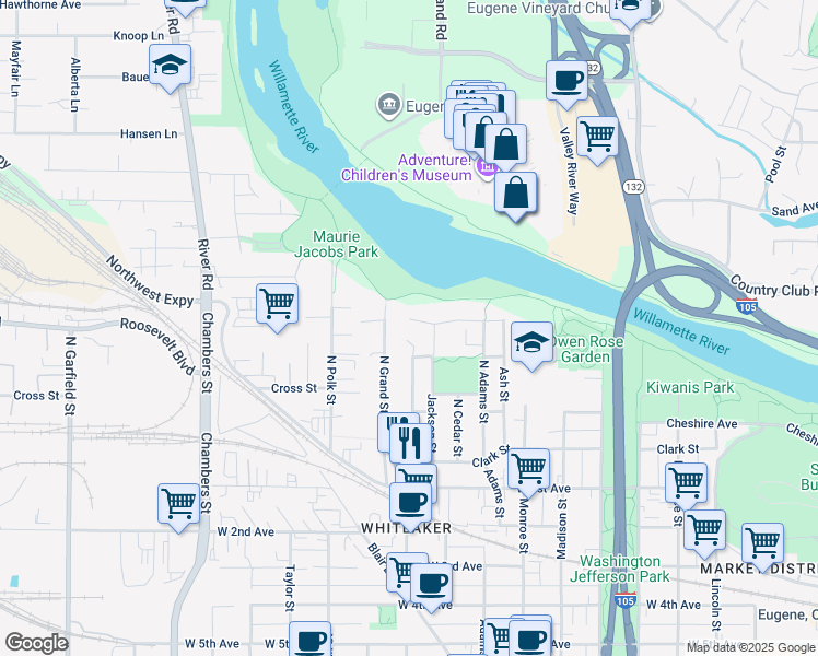 map of restaurants, bars, coffee shops, grocery stores, and more near 975 Lewis Avenue in Eugene