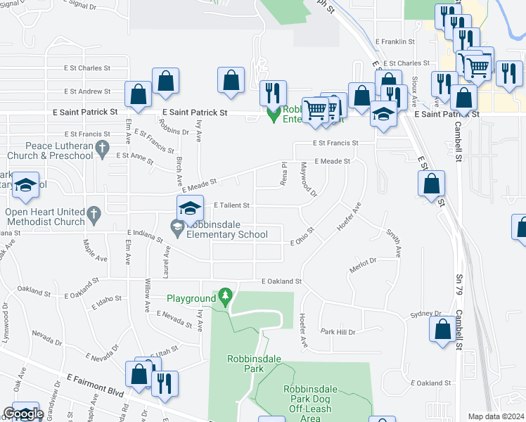 map of restaurants, bars, coffee shops, grocery stores, and more near 805 East Tallent Street in Rapid City