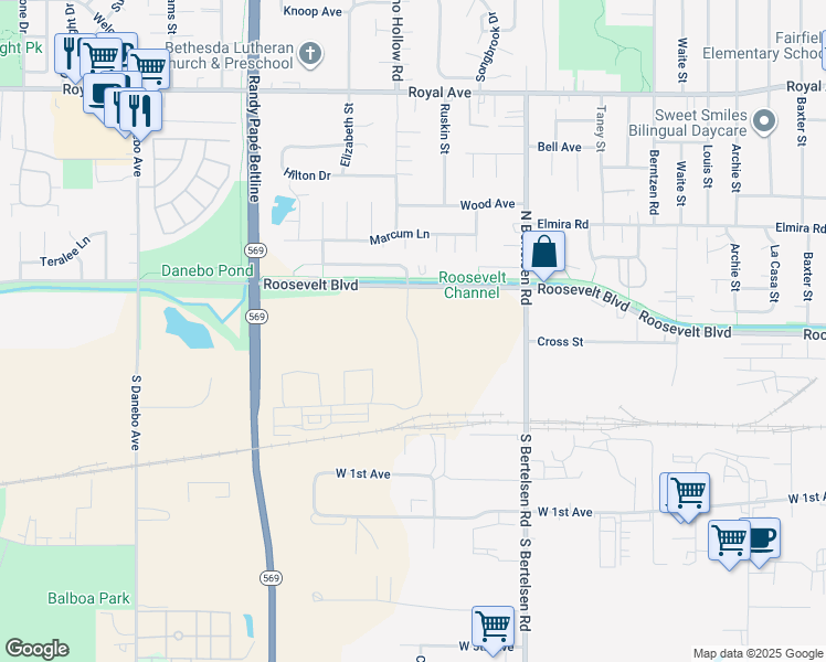 map of restaurants, bars, coffee shops, grocery stores, and more near Fergus Avenue in Eugene