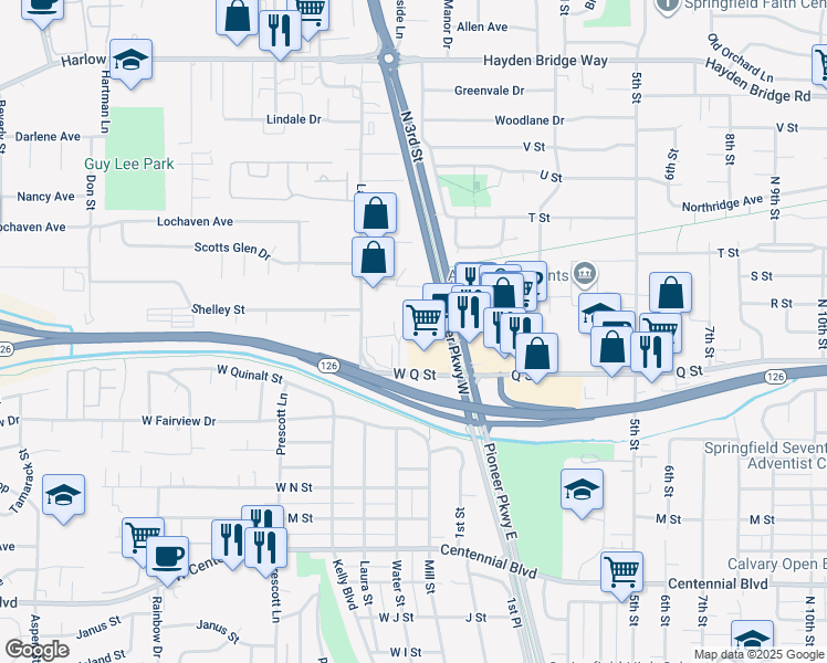 map of restaurants, bars, coffee shops, grocery stores, and more near 1939 Laura Street in Springfield
