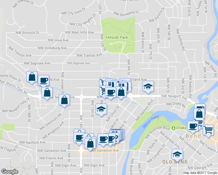 map of restaurants, bars, coffee shops, grocery stores, and more near Northwest Ogden Avenue in Bend