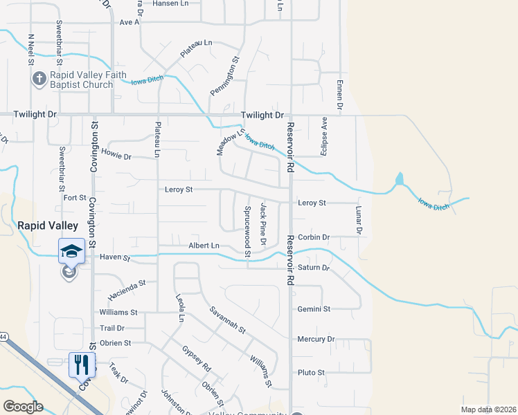 map of restaurants, bars, coffee shops, grocery stores, and more near 2205 Meadow Lane in Rapid City
