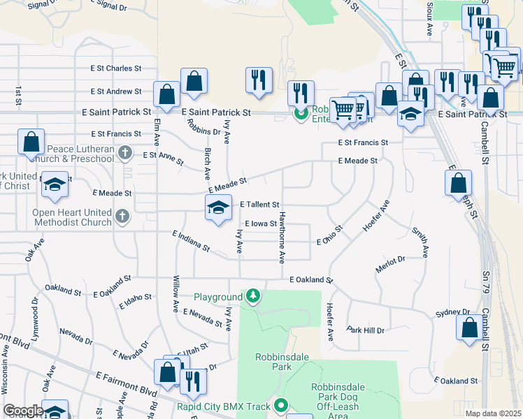 map of restaurants, bars, coffee shops, grocery stores, and more near 613 Haines Court in Rapid City
