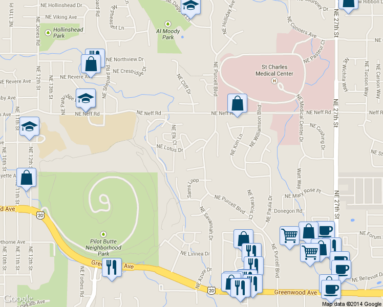 map of restaurants, bars, coffee shops, grocery stores, and more near 16641 Northeast Lotus Drive in Bend