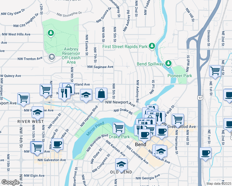map of restaurants, bars, coffee shops, grocery stores, and more near 427 Northwest Portland Avenue in Bend