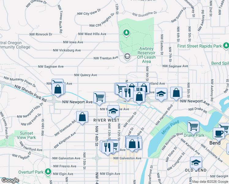 map of restaurants, bars, coffee shops, grocery stores, and more near 1205-1215 Northwest Portland Avenue in Bend