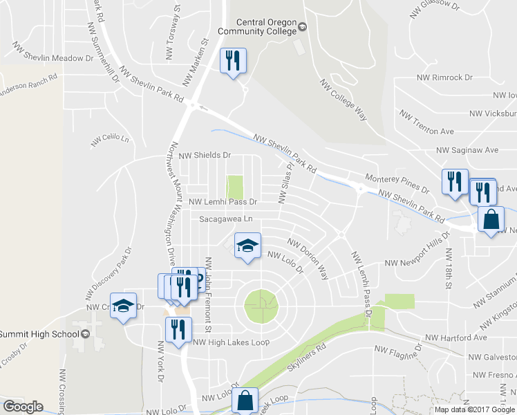 map of restaurants, bars, coffee shops, grocery stores, and more near 2431 Northwest Shields Drive in Bend
