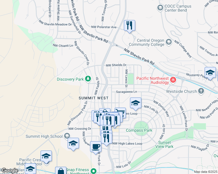 map of restaurants, bars, coffee shops, grocery stores, and more near 2665 North West Bratton Lane in Bend