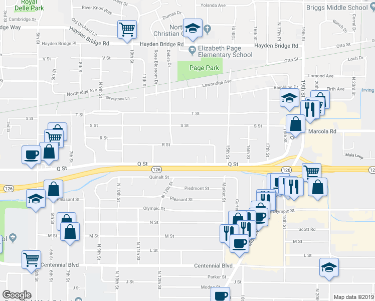 map of restaurants, bars, coffee shops, grocery stores, and more near 1332 R Street in Springfield