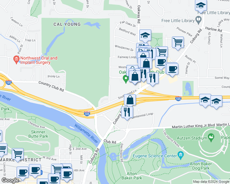 map of restaurants, bars, coffee shops, grocery stores, and more near 2004 Eastwood Lane in Eugene