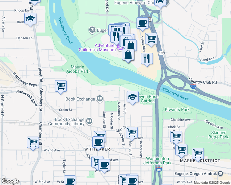 map of restaurants, bars, coffee shops, grocery stores, and more near 301 North Adams Street in Eugene