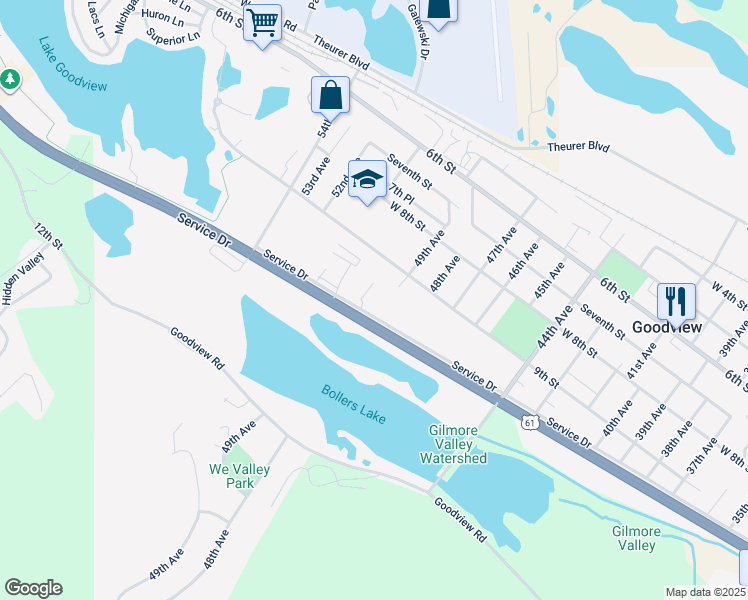 map of restaurants, bars, coffee shops, grocery stores, and more near 4986 Service Drive in Goodview