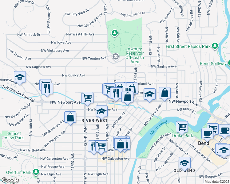 map of restaurants, bars, coffee shops, grocery stores, and more near 1530 Northwest 11th Street in Bend