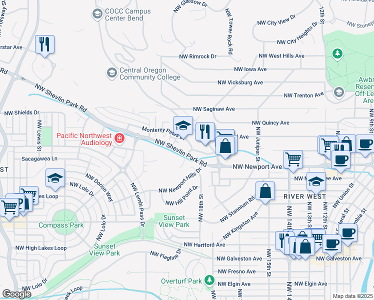 map of restaurants, bars, coffee shops, grocery stores, and more near 1889 Northwest Monterey Pines Drive in Bend